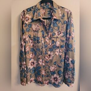 Ralph Lauren LRL Floral Blouse Top Shirt Farm Olive Green Classic Shirt XL